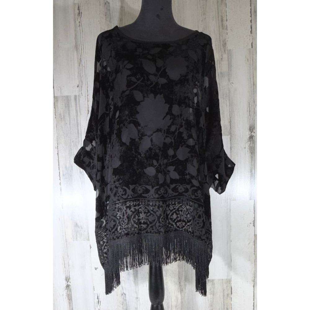 Basically Me Top Black Floral Burnout Velvet Fringed Witchy Gothic Ethereal Boho